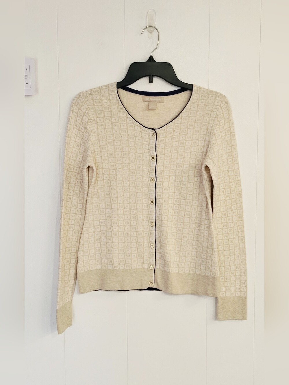 Banana Republic Cream Button-Up Cardigan with Navy Trim